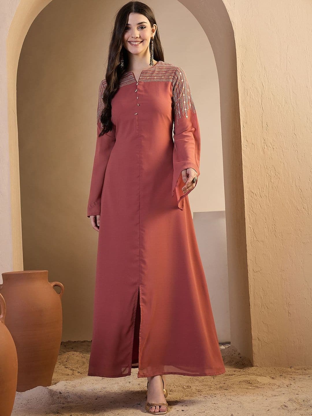 Inddus Women Ethnic Motifs Sequinned Embroidered Ethnic Dress - view 1