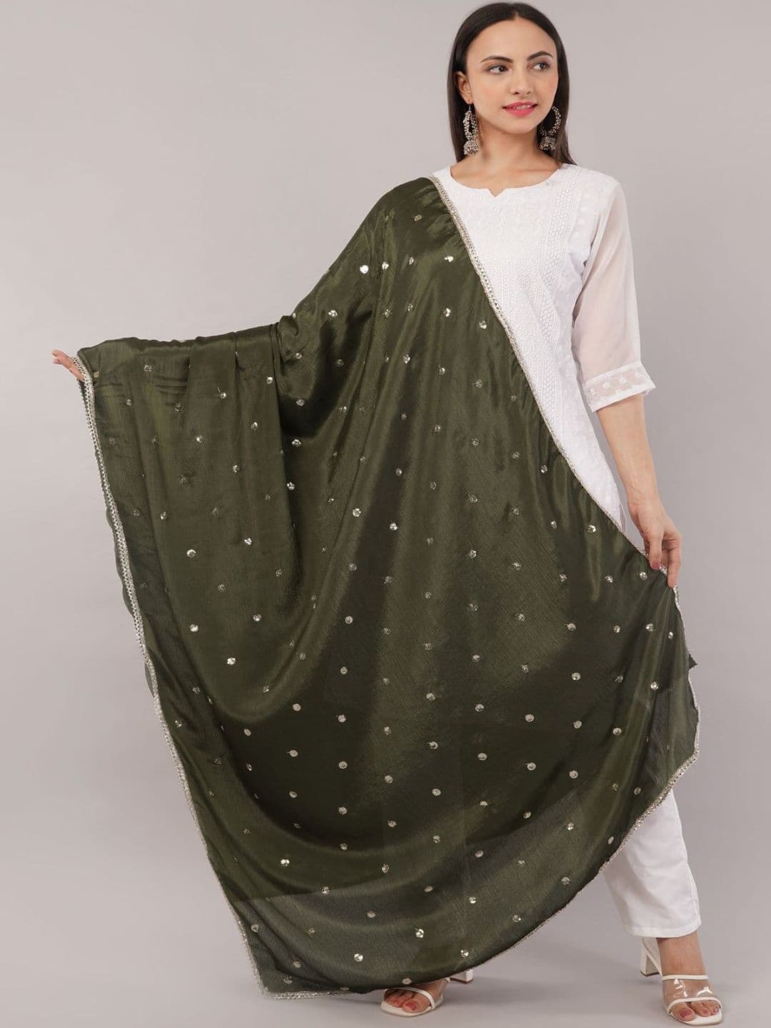 IVAARA Women Embroidered Sequinned Chinnon Dupatta With Lace - view 1