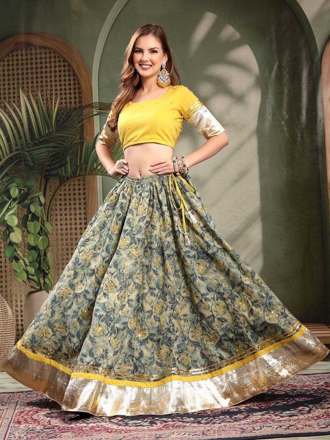 KALINI Sequinned Block Print Ready to Wear Lehenga & - view 1