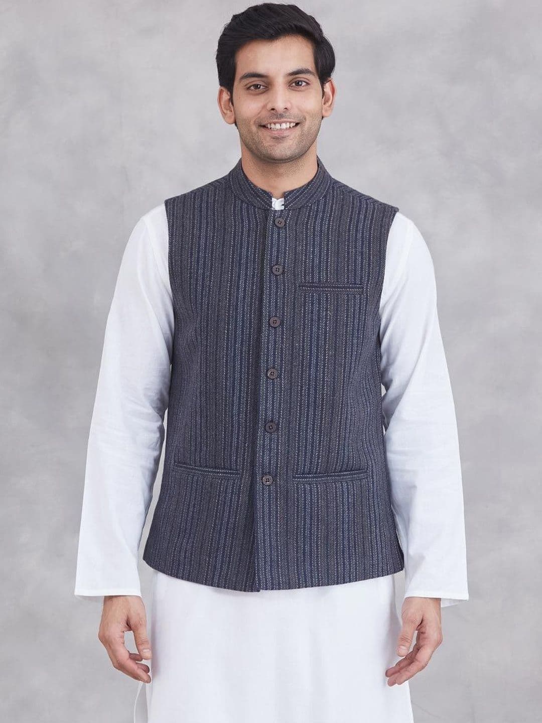 Fabindia Striped Woolen Woven Nehru Jacket - view 1