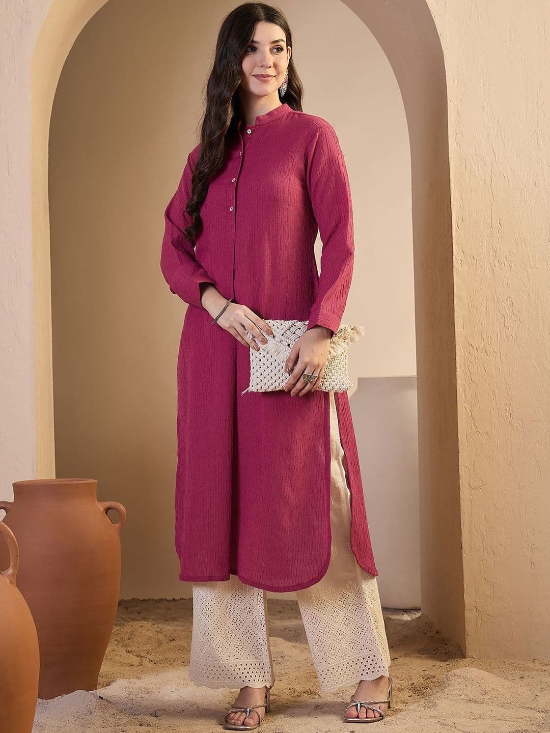 Inddus Women Solid A-Line Button Detailed Kurta - view 1