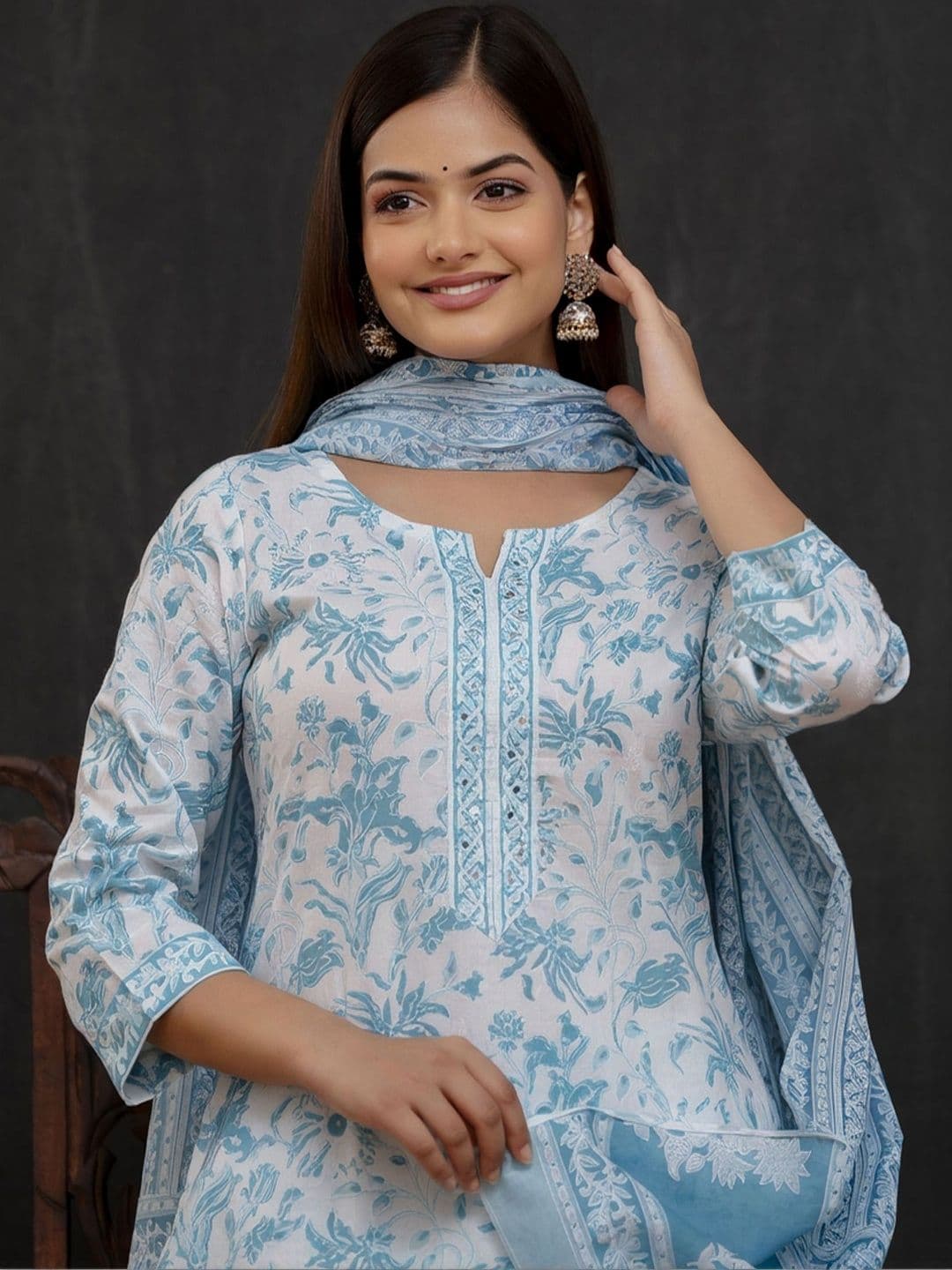 HERE&NOW Women Floral Printed Regular Pure Cotton Kurta with Trousers & With Dupatta - view 1