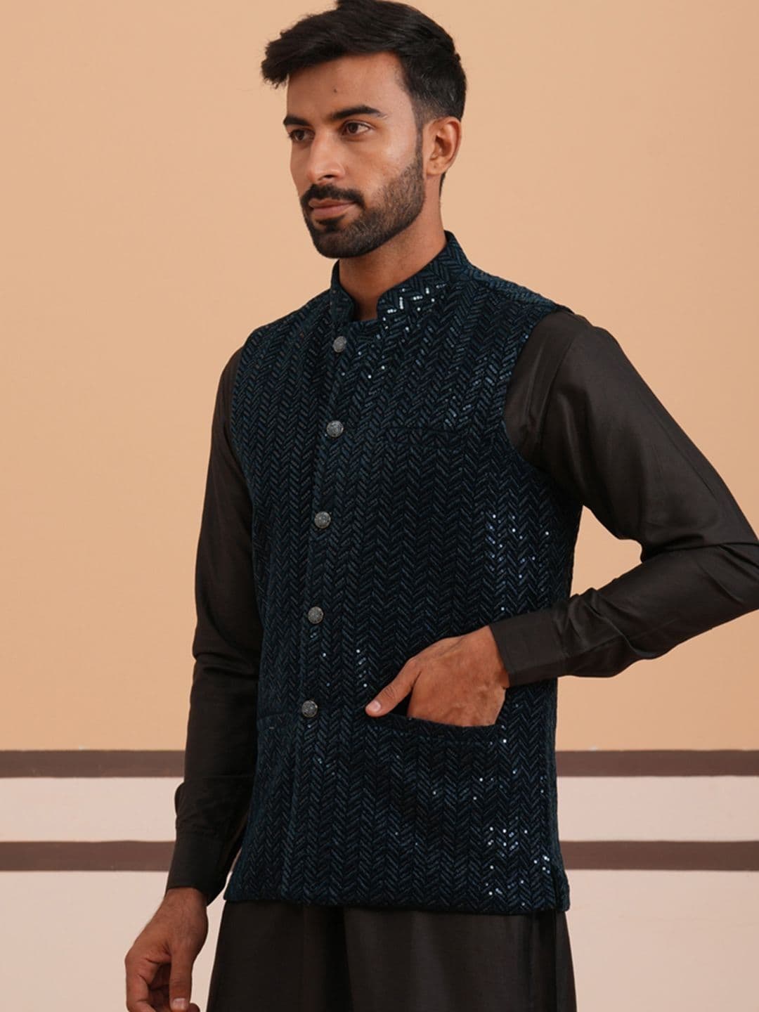 Jompers Sequin Embroidered Velvet Nehru Jacket - view 1