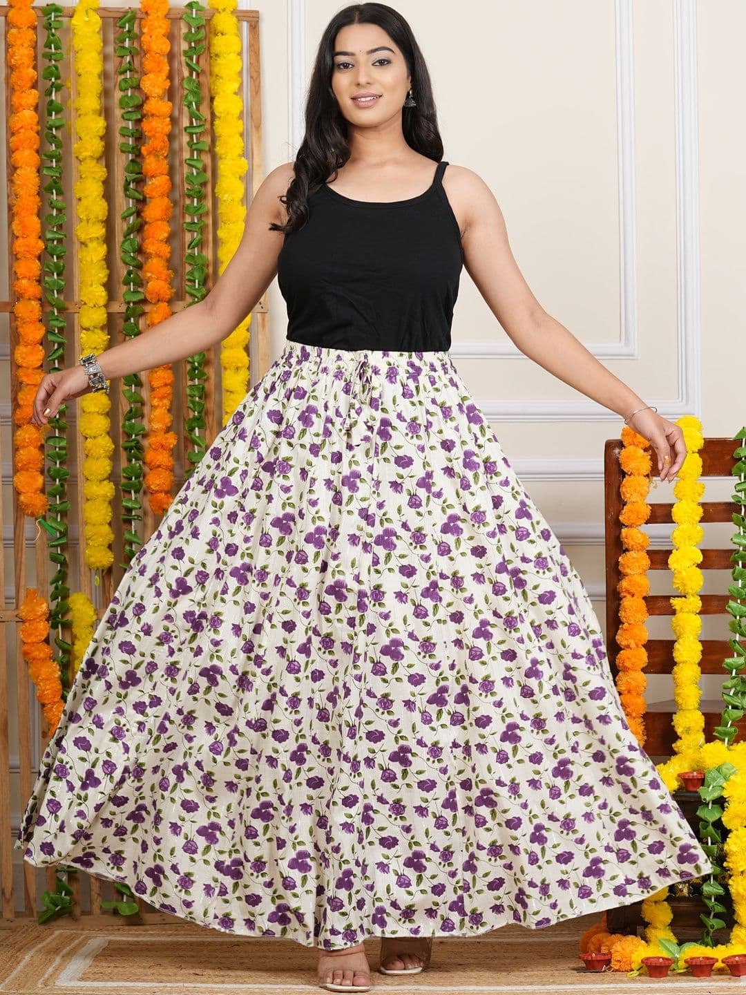 AARMAD Floral Printed Cotton Maxi Flared Skirt - view 1