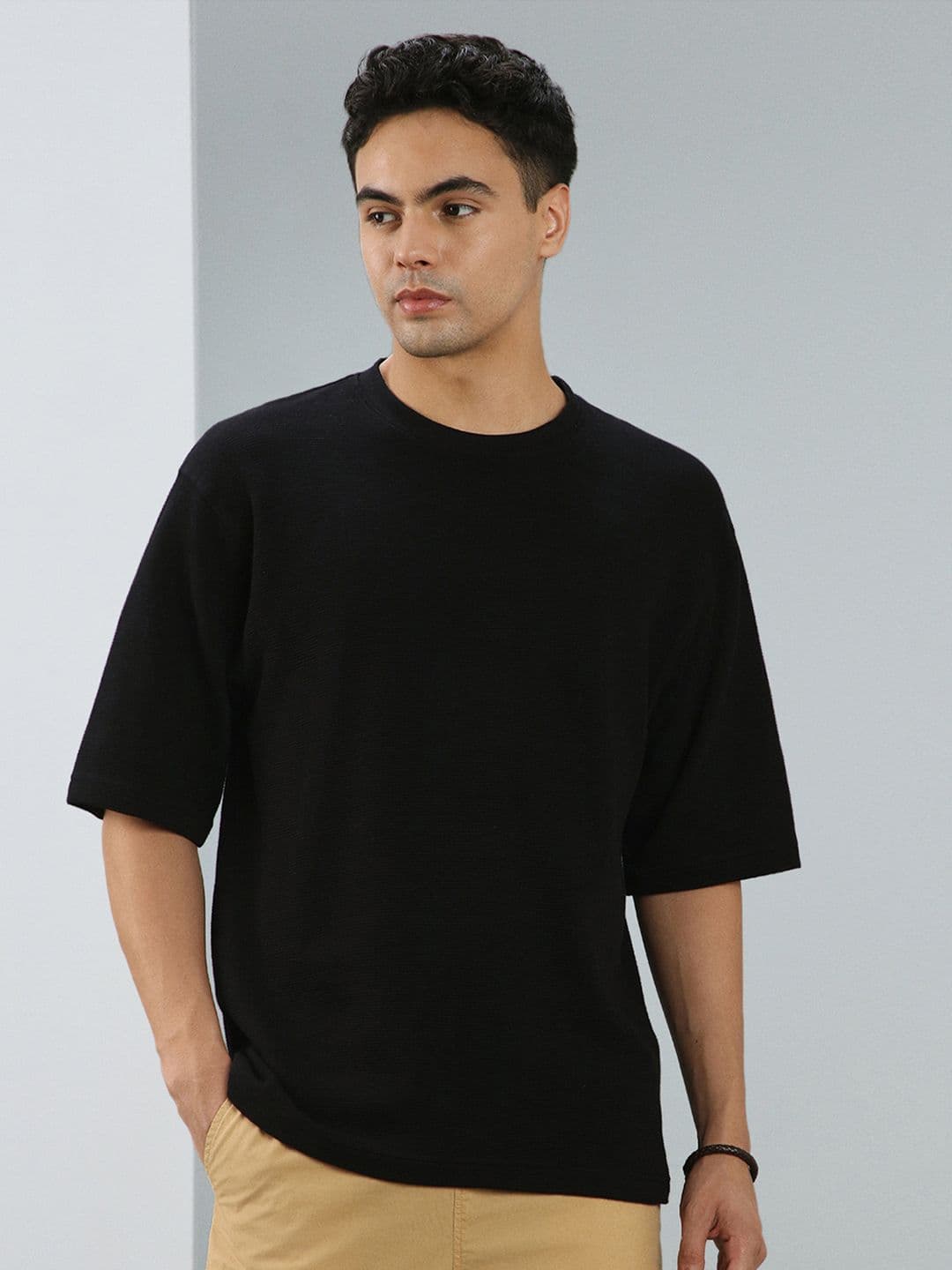 NOBERO Textured Cotton Round Neck Long Sleeves Oversized T-shirt - view 1