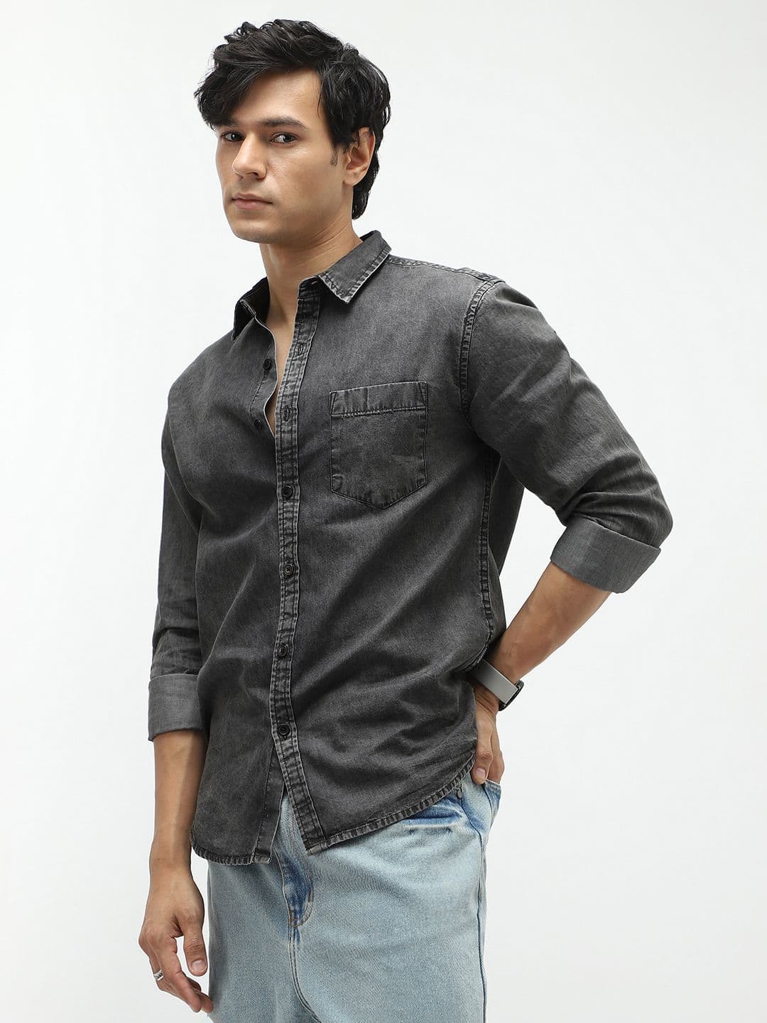 Urbano Fashion Men's Grey Regular Fit Full Sleeve Washed Denim Shirt - view 1