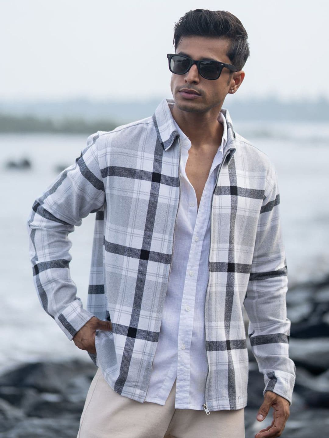 Powerlook Checks Zipper Tartan Cotton Long Sleeves Shirt - view 1