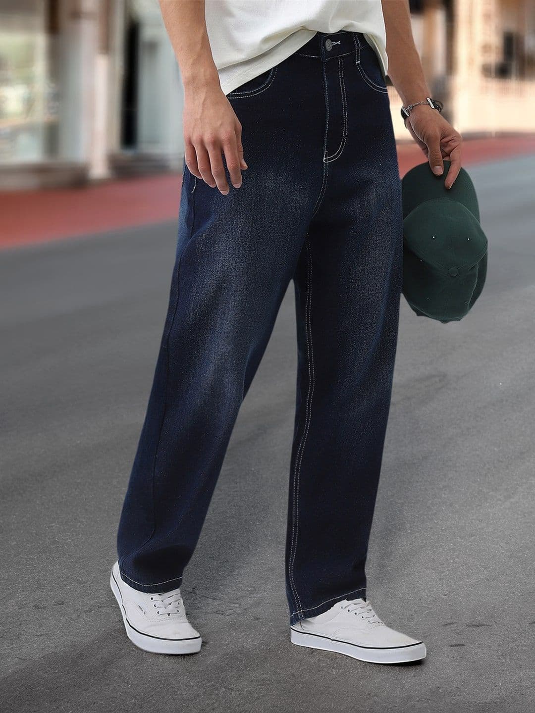 Urbano Fashion Men Cotton Dark Blue Loose Baggy Fit Washed Jeans