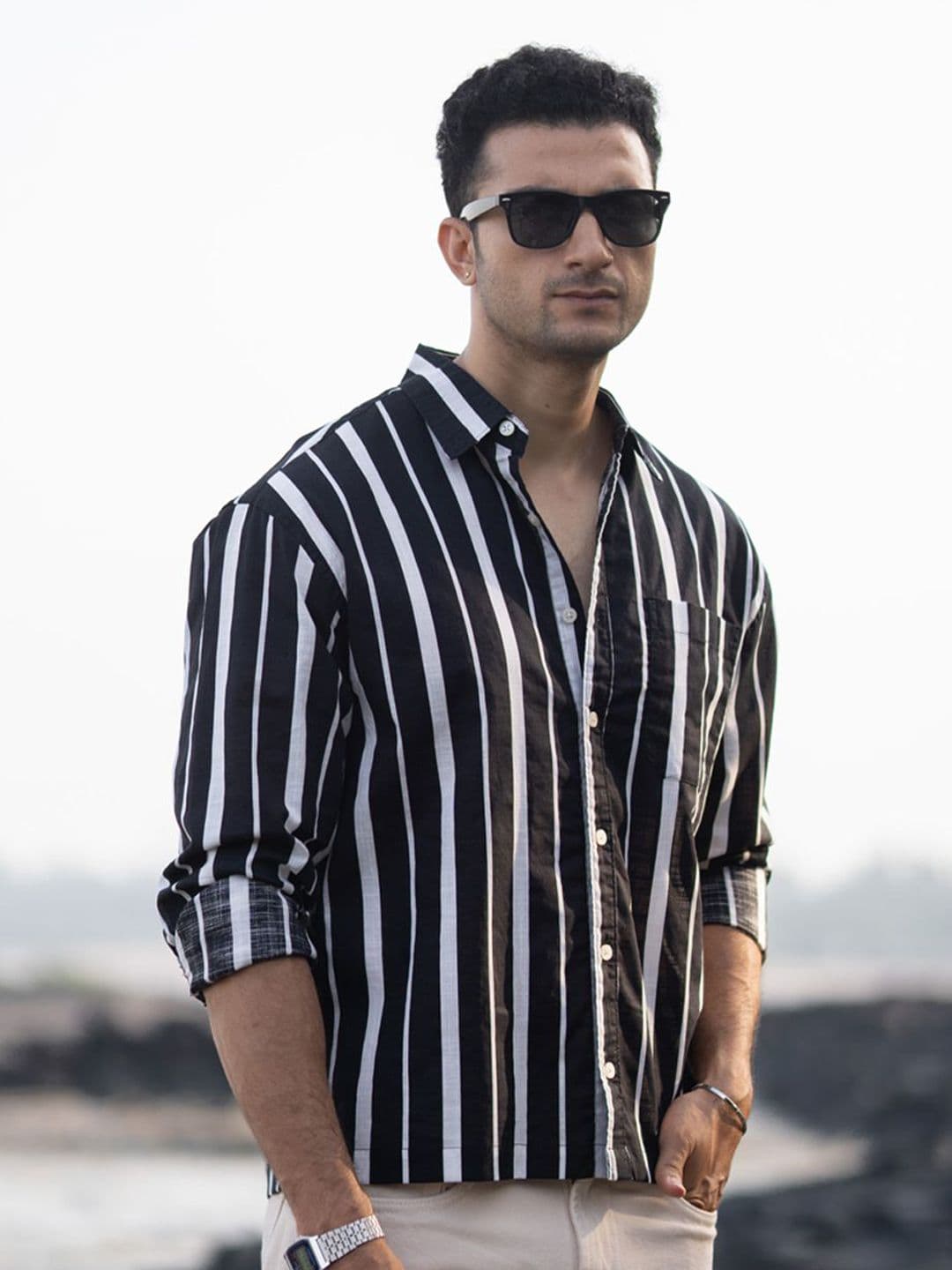 Powerlook Lightweight d Vertical Stripes Cotton Long Sleeves Shirt - view 1