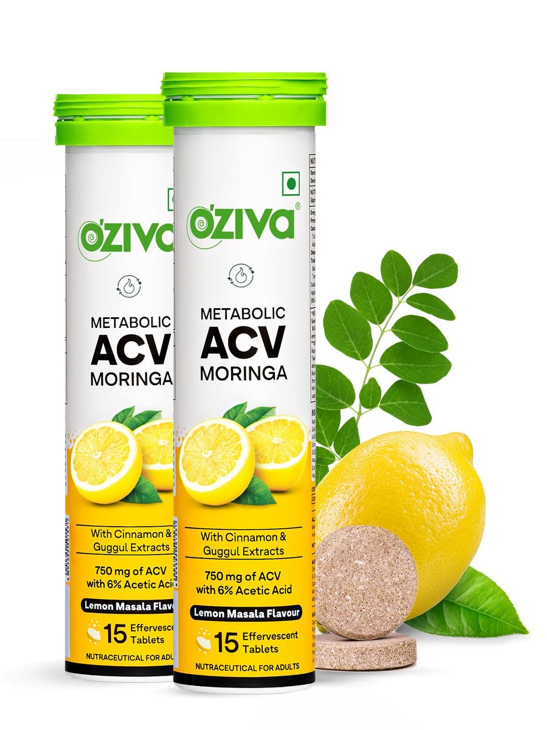 OZiva Set Of 2 Lemon Masala Flavour Apple Cider Vinegar ACV Moringa Tablets - 15 Tabs Each - view 1
