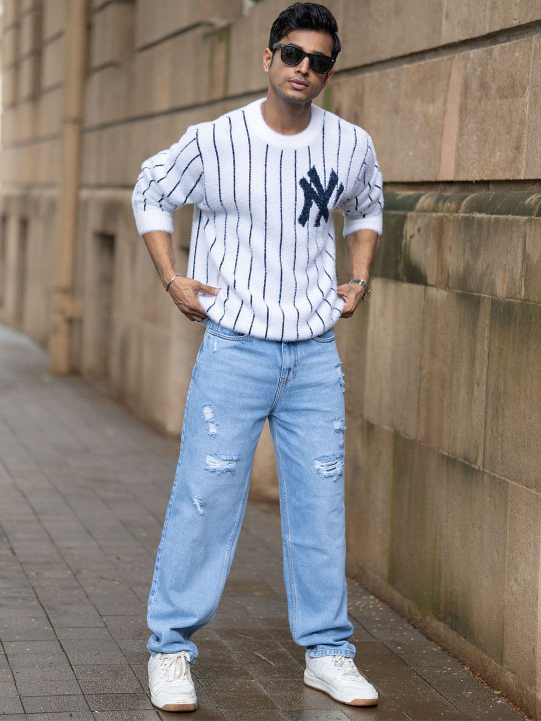 Powerlook White Striped Fuzzy Sweater - view 1