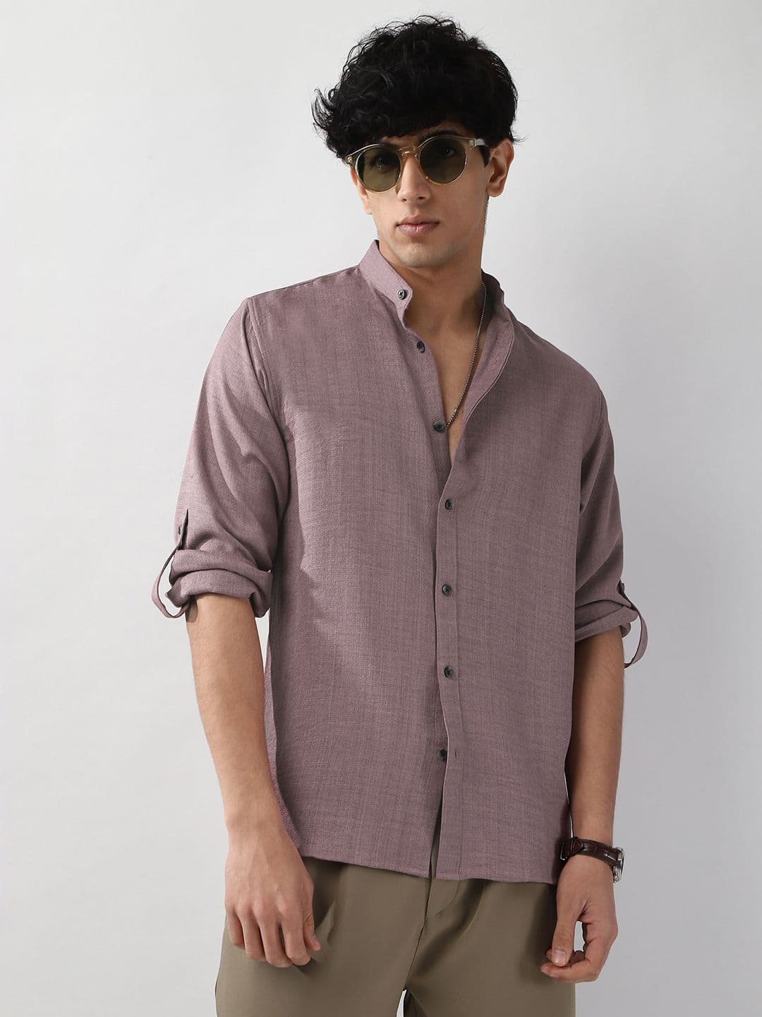 Urbano Fashion Men Purple Solid Linen Full Sleeve Relaxed Fit Mandarin Collar Casual Shirt - view 1