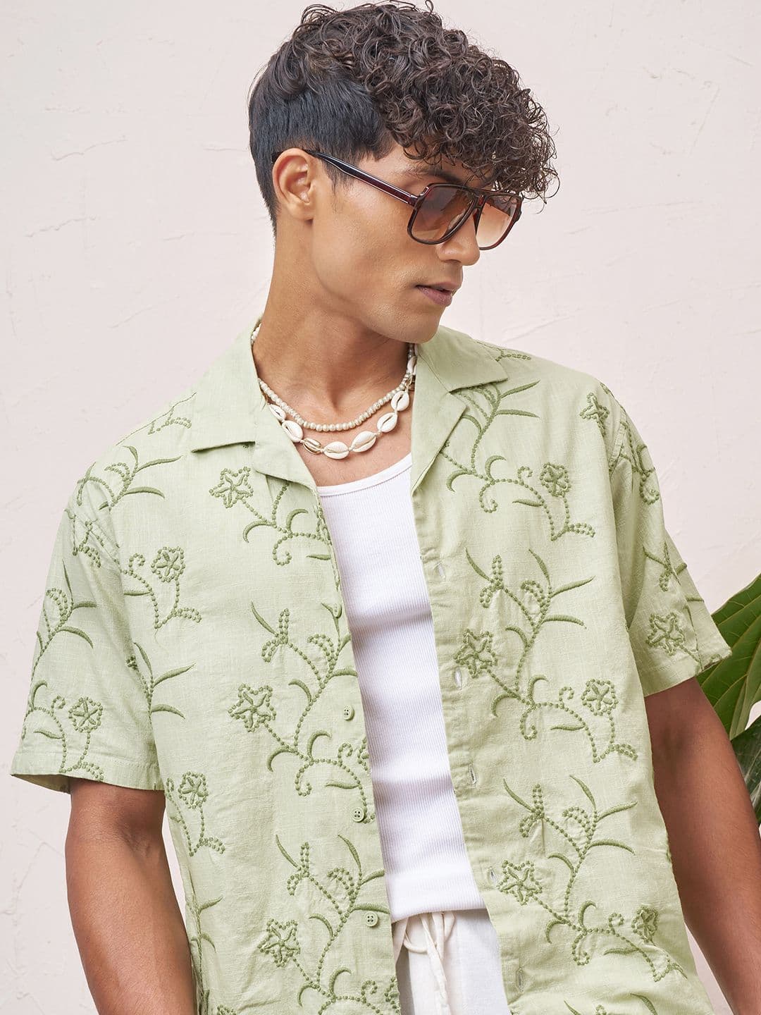Highlander Men Green Placement Embroidered Cuban Collar Realxed Shirt - view 1