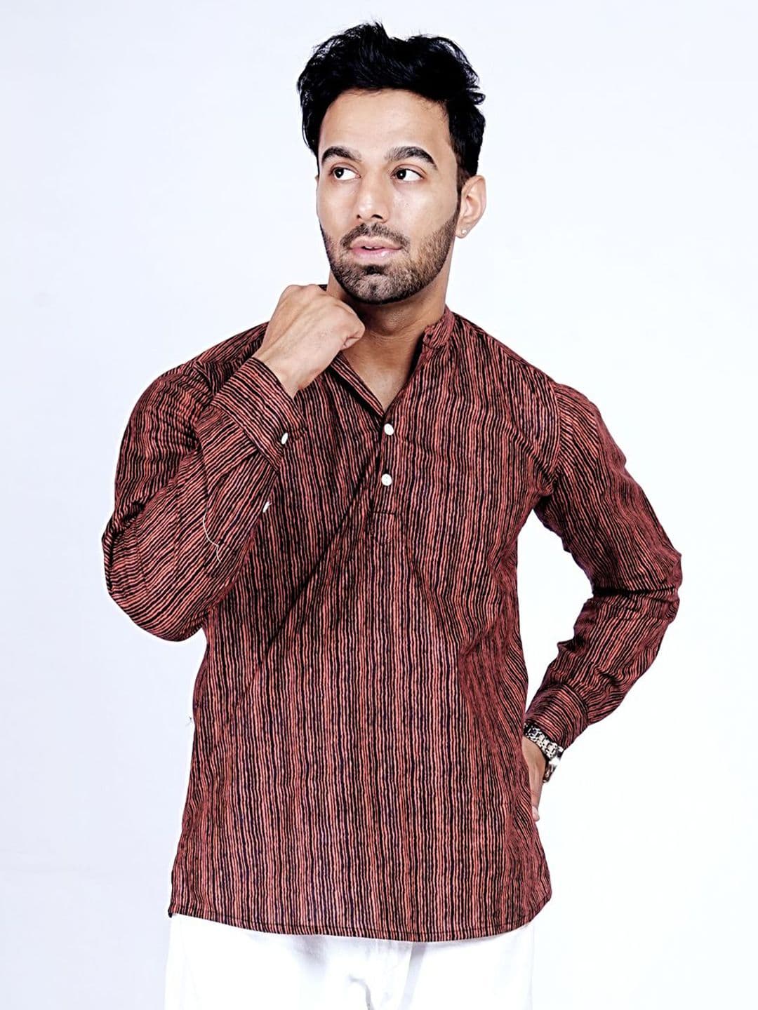 Anouk Rustic Men Striped Flared Sleeves Thread Work Kurta - view 1