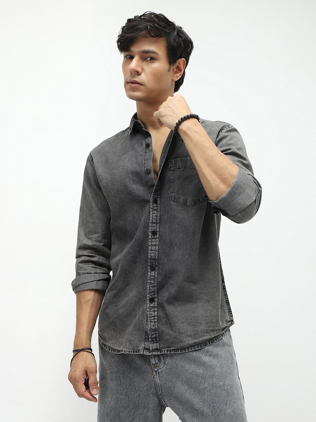 Urbano Fashion Men's Light Grey Regular Fit Full Sleeve Washed Denim Shirt - view 1