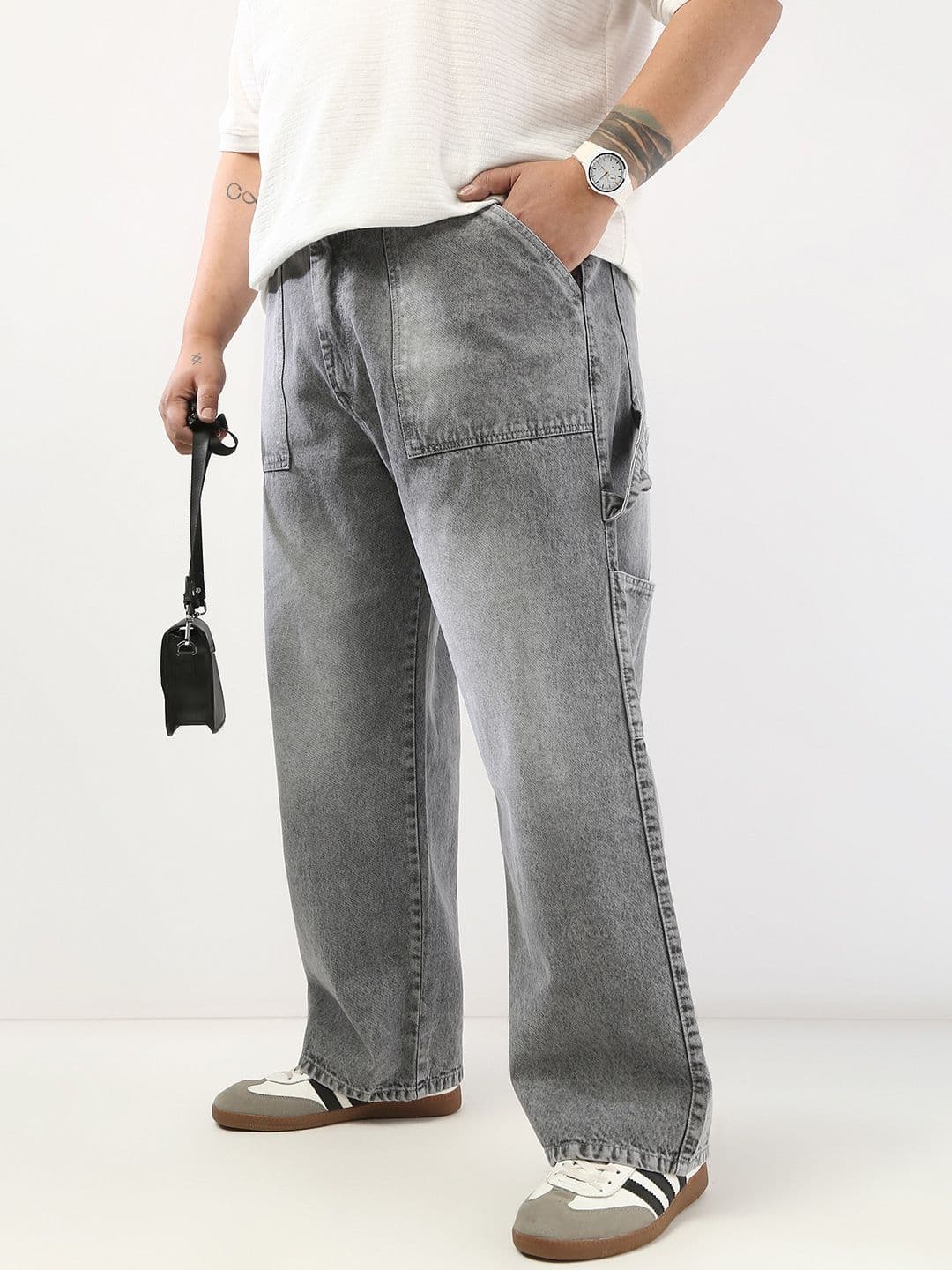 Urbano Plus Men Light Grey Carpenter Cargo Relaxed Fit Jeans - view 1