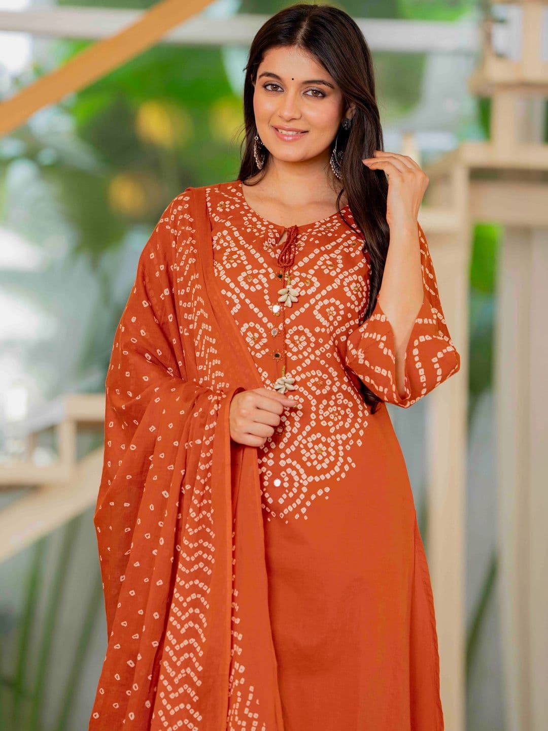 Pistaa Women Leheriya Dyed Regular Mirror Work Pure Cotton Kurta with Trousers & With Dupatta - view 1