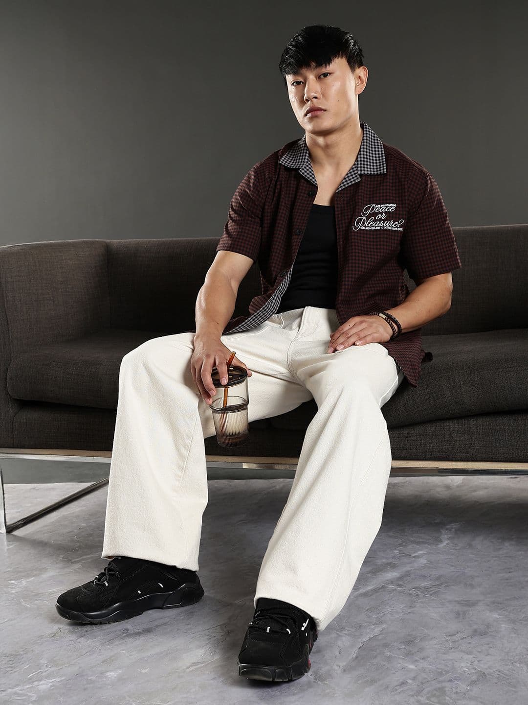 Eszett Peace Checked Cuban Collar Cotton Shirt - view 1
