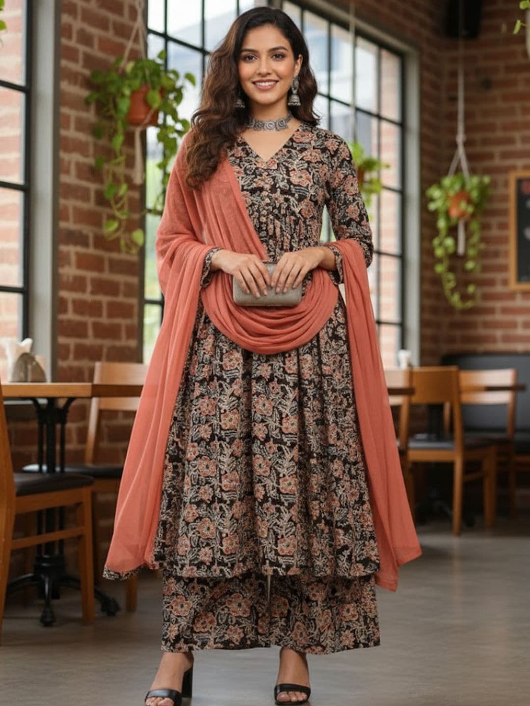 GULMEHAK Women Floral Printed Pleated Pure Cotton Kurta with Palazzos & Dupatta - view 1