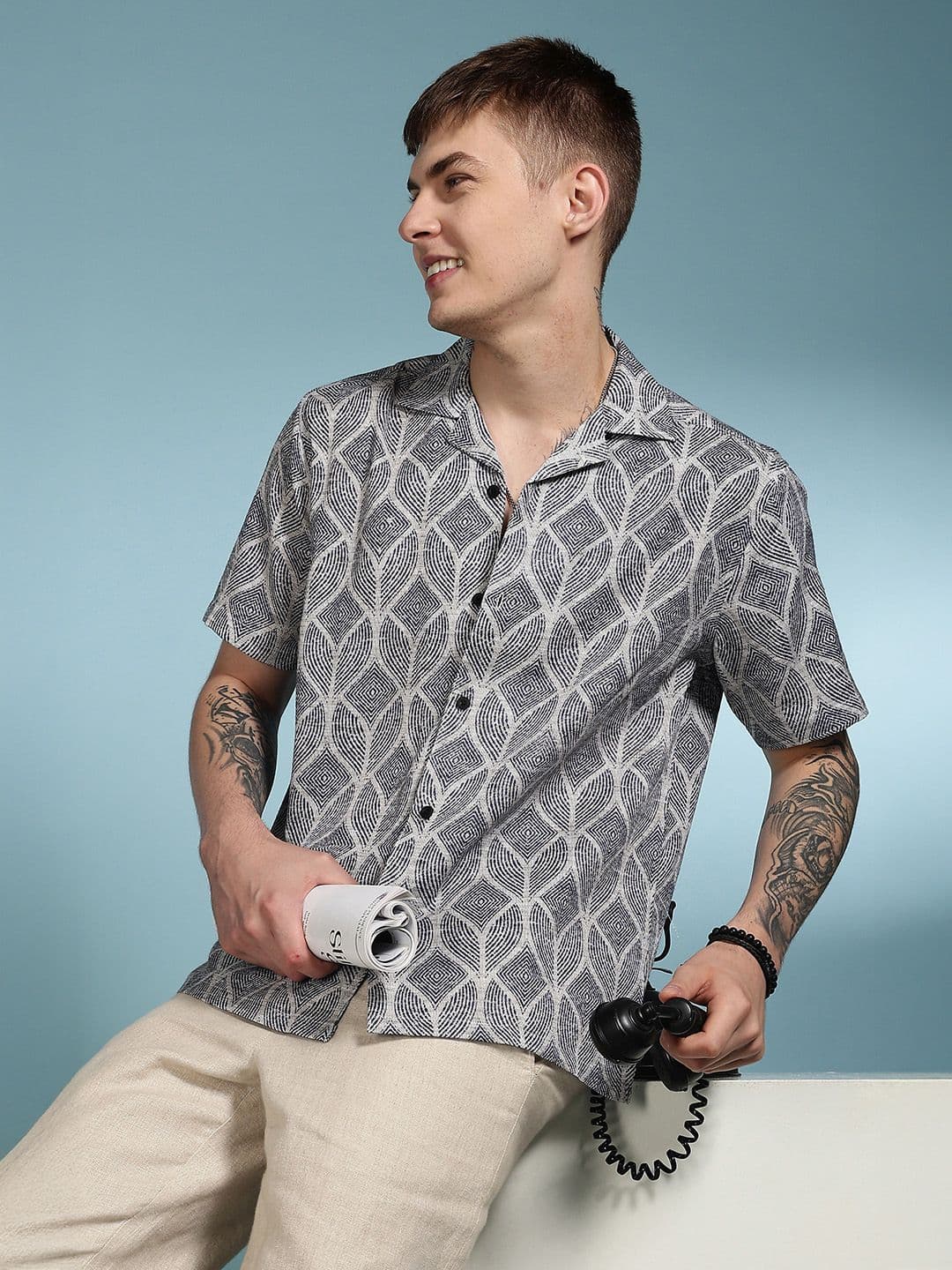 Eszett Men Geometric Printed Cuban Collar Pure Cotton Casual Shirt - view 1