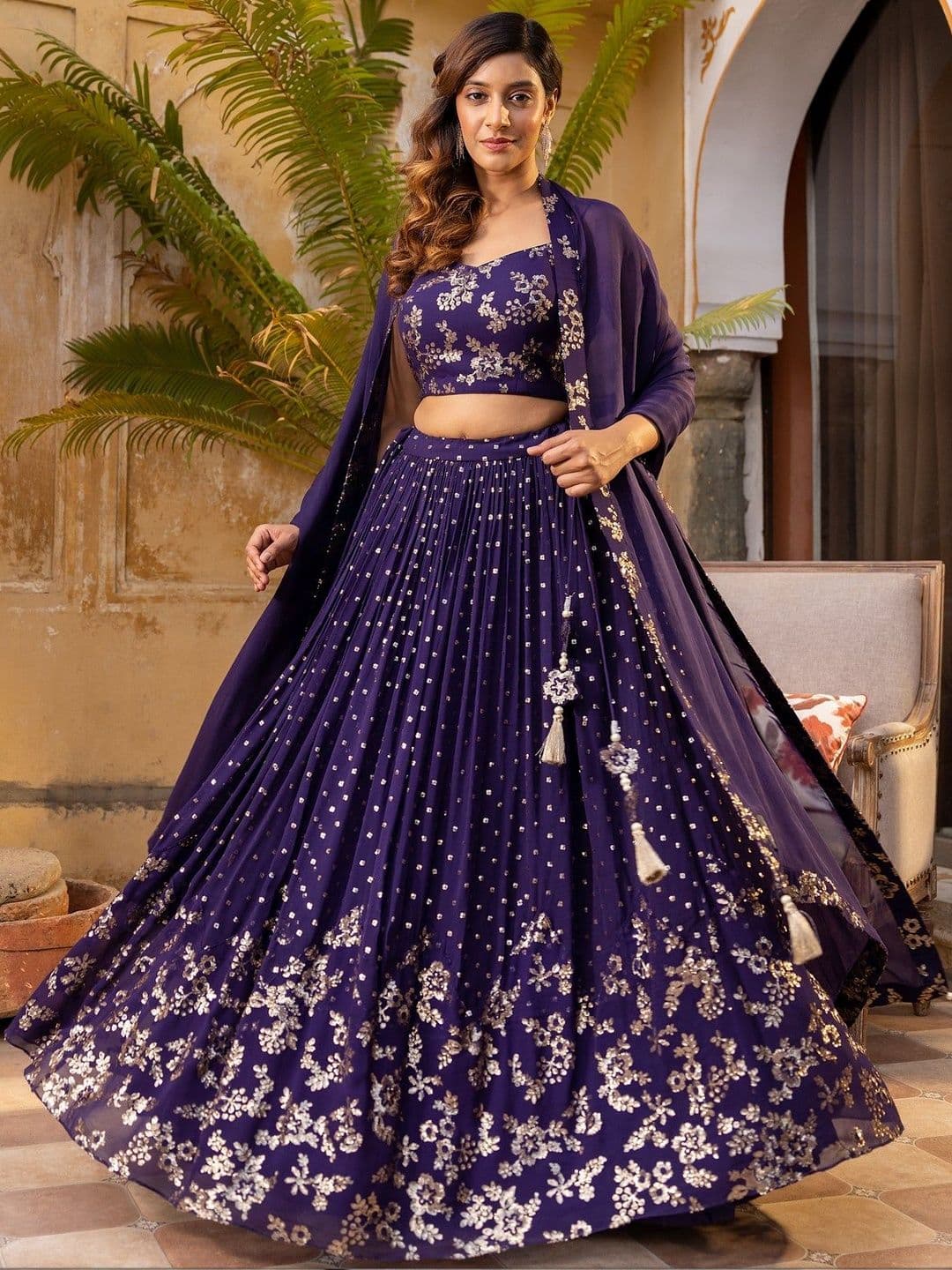 JIHU CULTURE Embroidered Sequinned Semi-Stitched Lehenga & Blouse With Dupatta - view 1