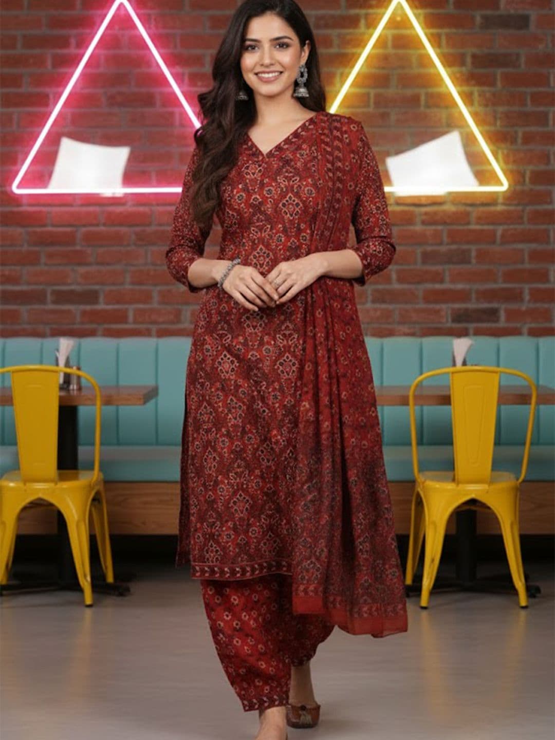 GULMEHAK Floral Printed Straight Pure Cotton Kurta With Trousers & Dupatta - view 1