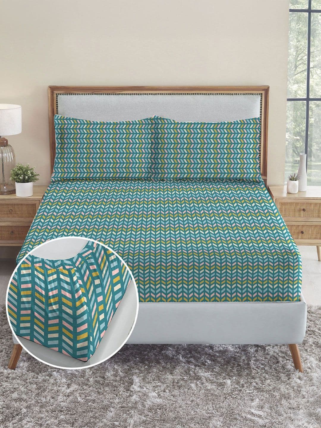 MYTRIDENT Teal Geometric 144 TC King Bedsheet with 2 Pillow Covers - view 1