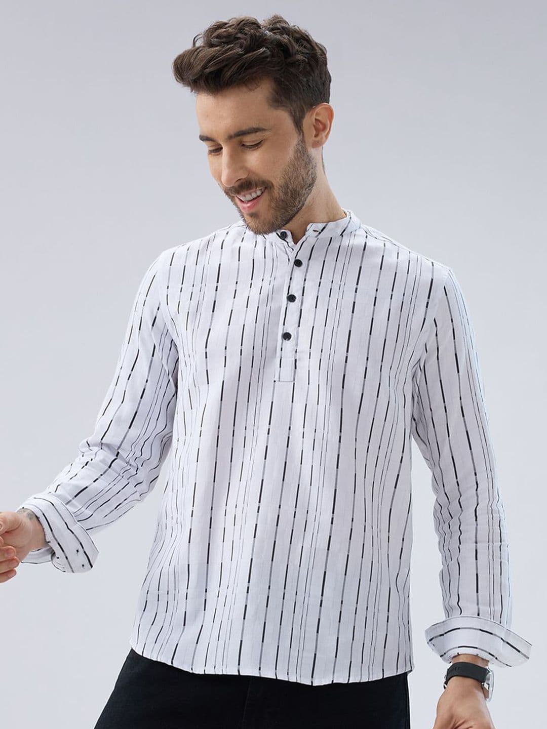 VASTRADO Thread Work Crisp Striped Cotton Pathani Above Knee Kurta - view 1