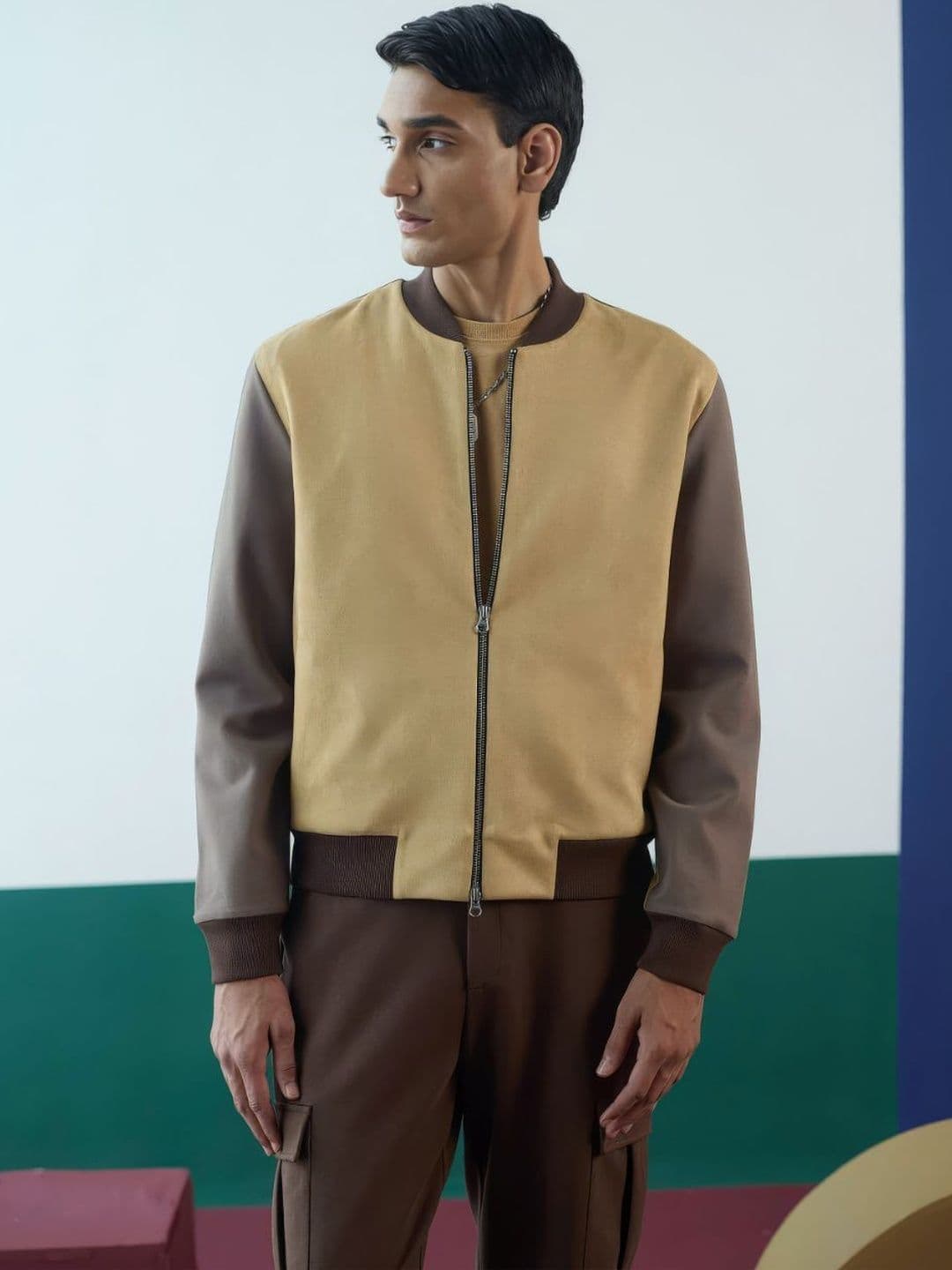Muvazo Men Colourblocked Suede Bomber Jacket - view 1