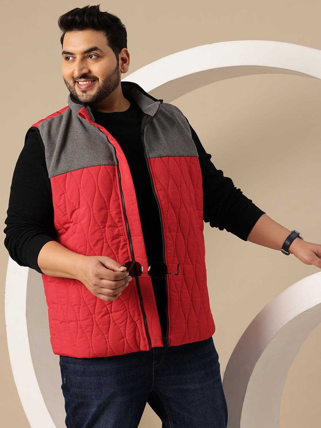 Sztori Plus Size Colourblocked Mock Collar Puffer Gilet Jacket - view 1