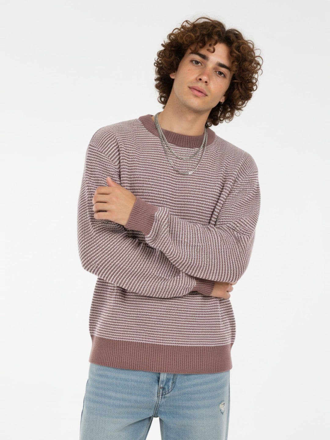 glitchez Self Striped Round Neck Oversized Pullover - view 1