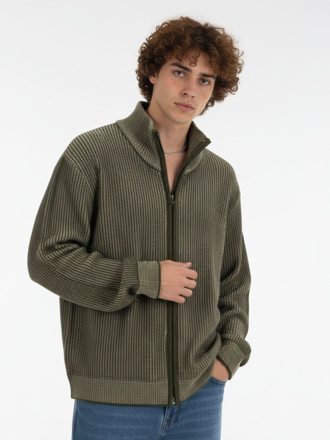 glitchez Self Striped Mock Collar Front-Open Sweater - view 1