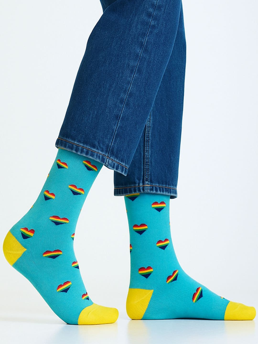 Mint & Oak Men Mint Green & Yellow Patterned Calf-Length Cotton Freedom Socks - view 1