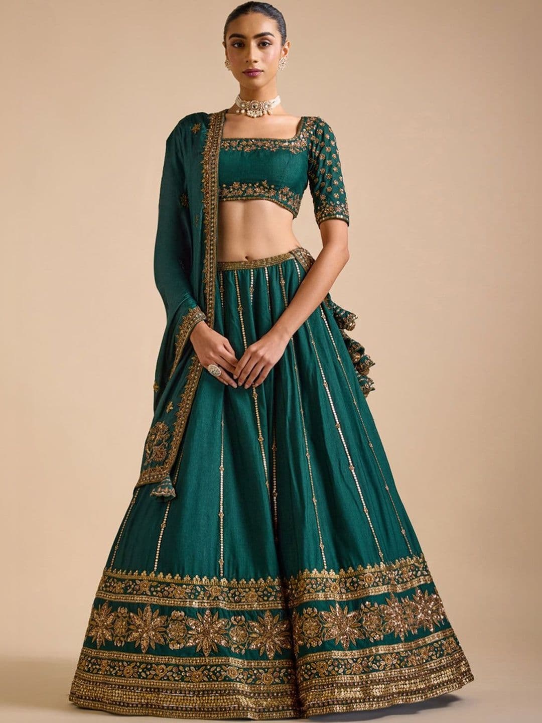 JIHU CULTURE Embellished Sequinned Semi Stitched Lehenga & Blouse With Dupatta - view 1