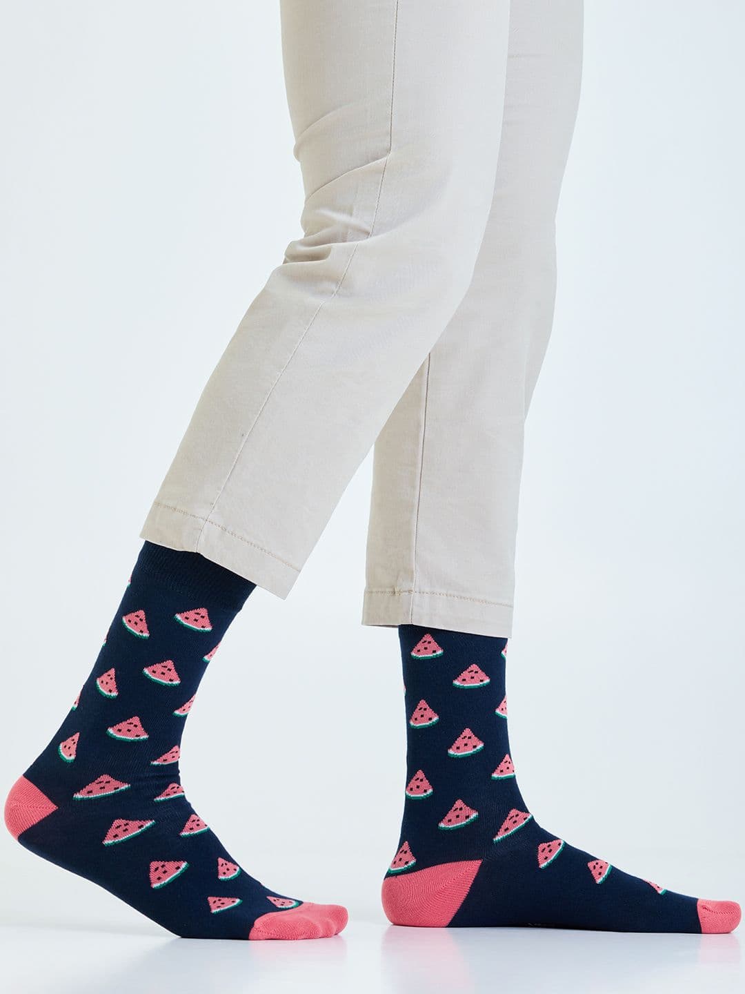 Mint & Oak Men Navy Blue & Pink Patterned One In A Melon Calf-Length Socks - view 1