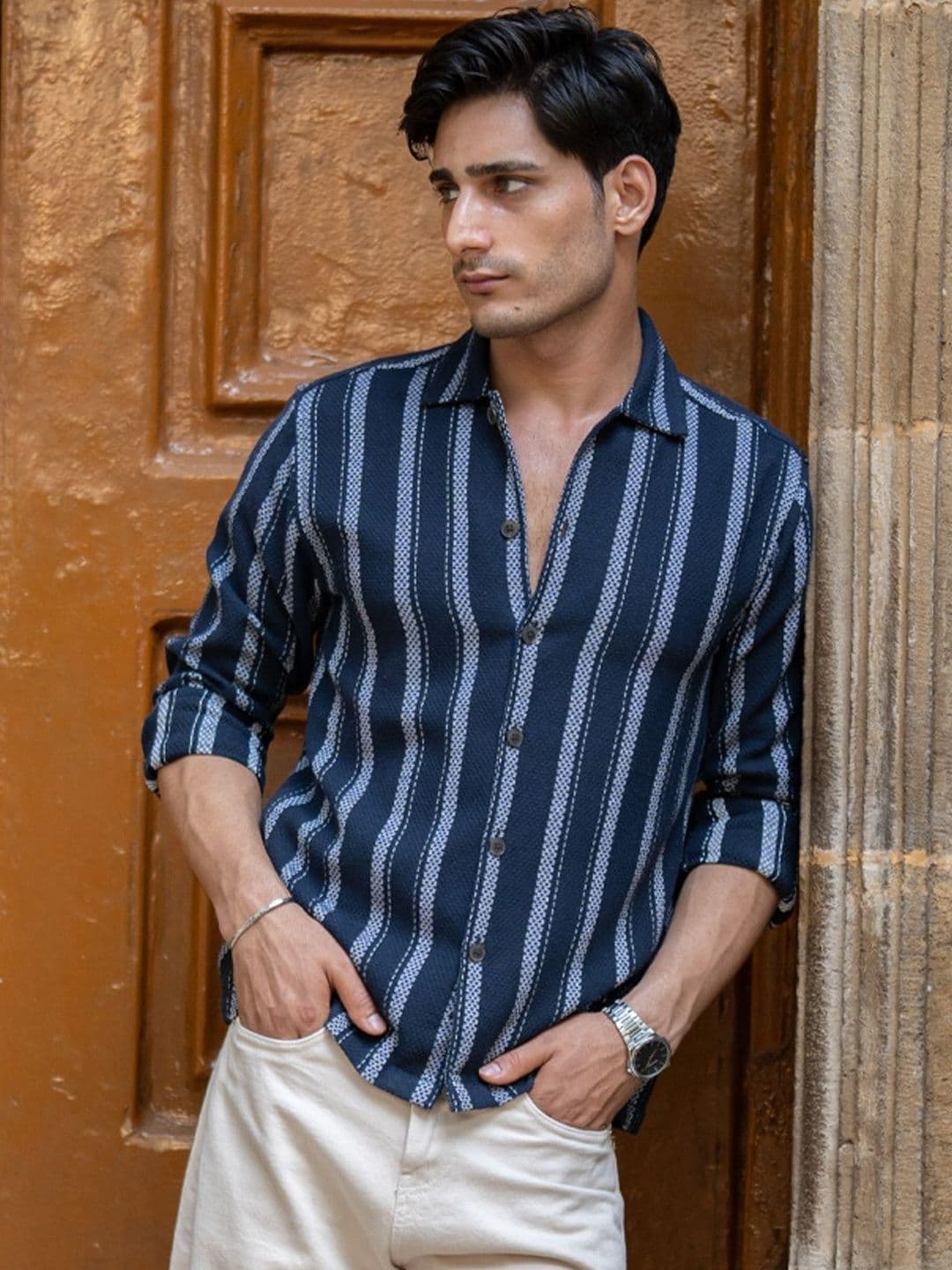 Powerlook Structured Vertical Stripes Cotton Long Sleeves Shirt - view 1
