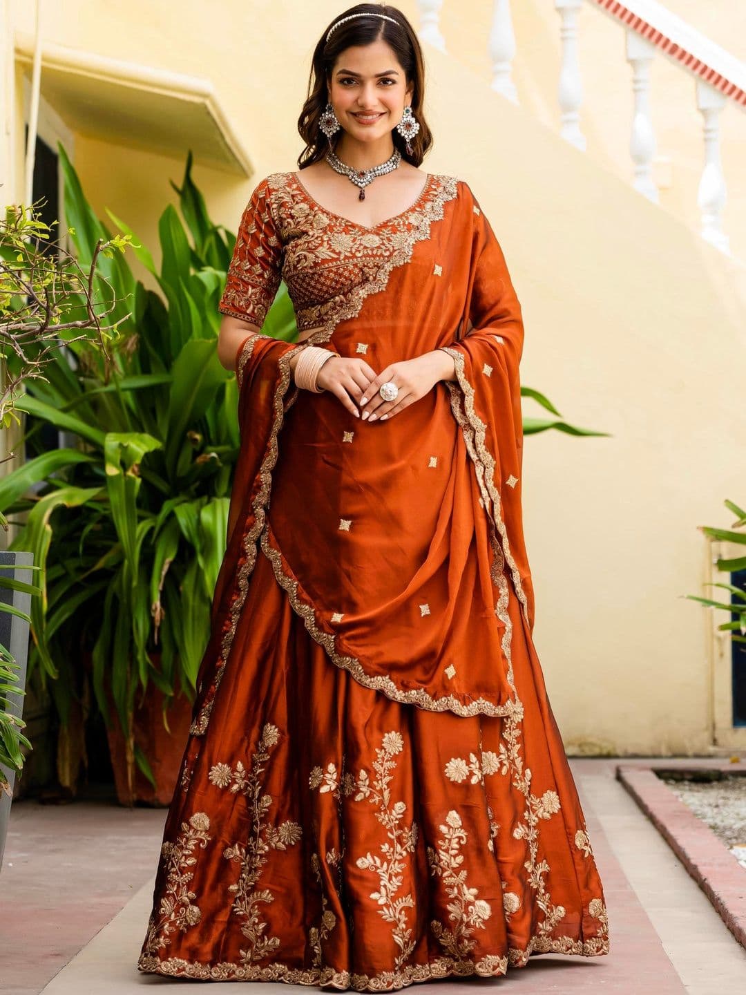 JIHU CULTURE Embroidered Semi Stitched Lehenga & Blouse With Dupatta - view 1