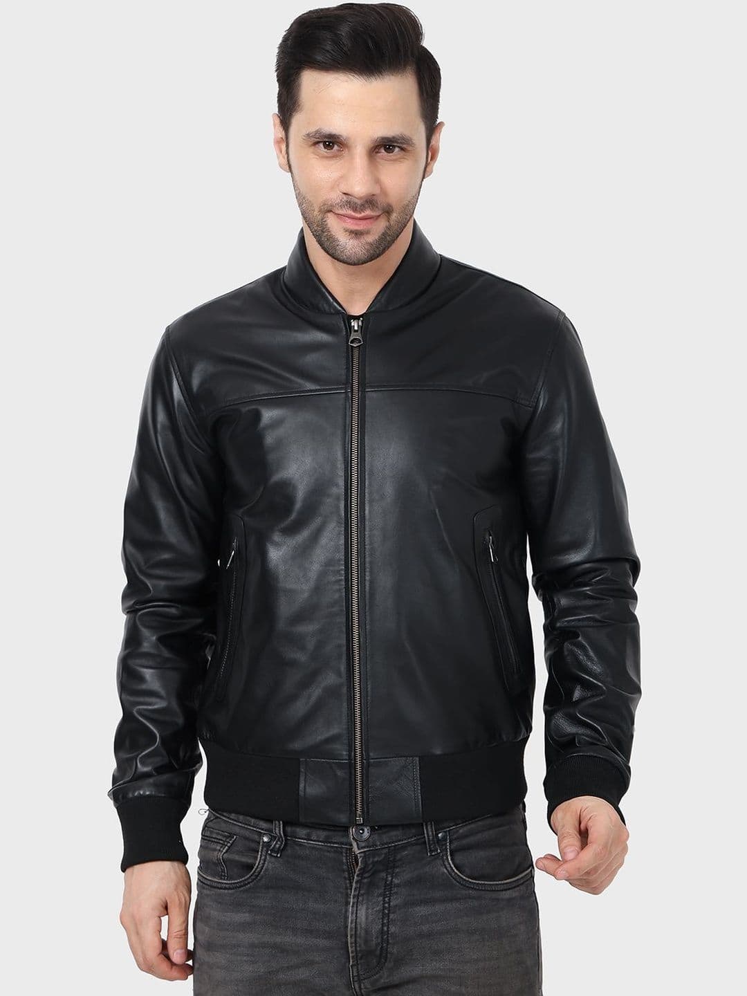 Justanned Stand Collar Leather Bomber Jacket - view 1