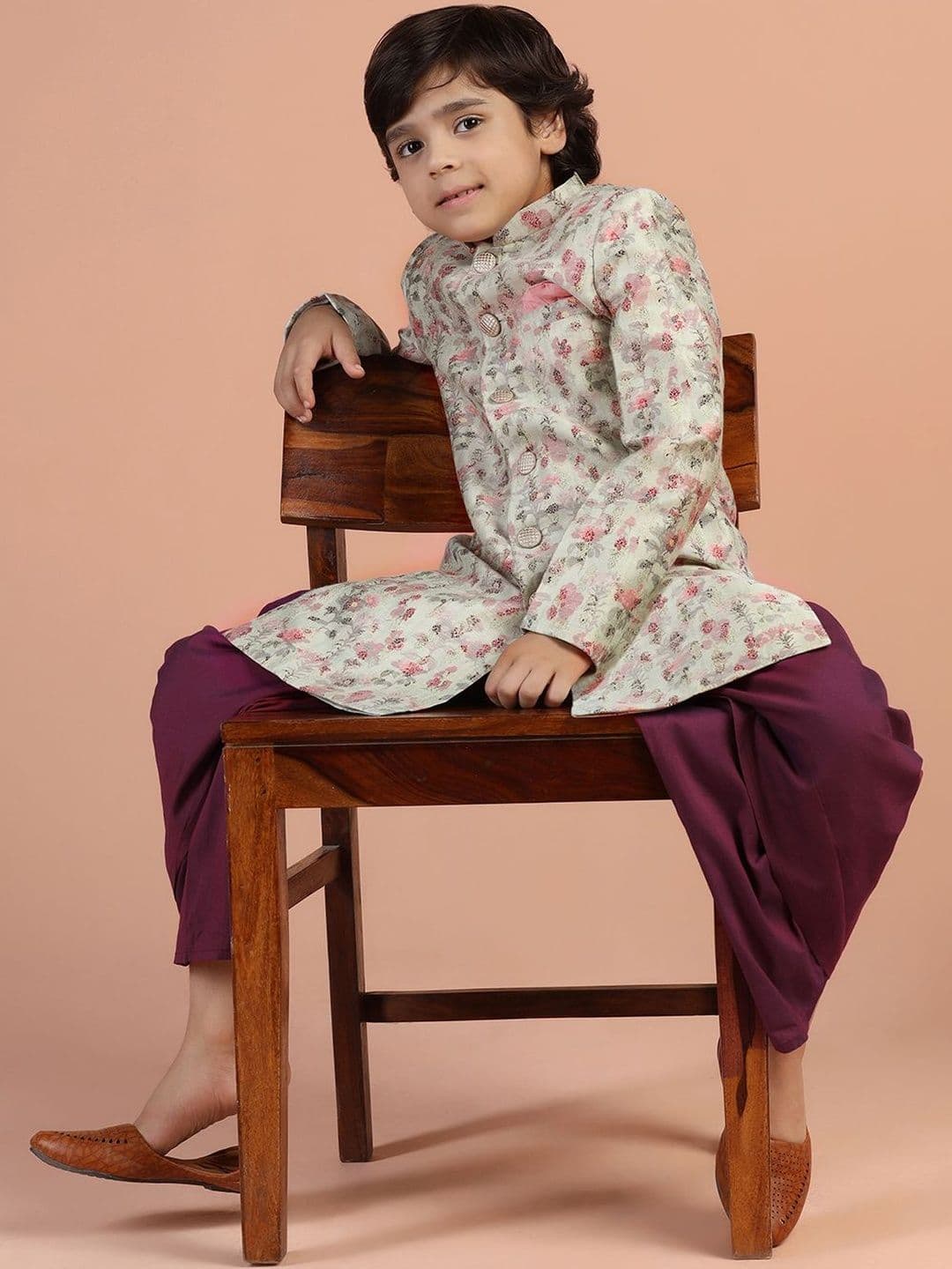 KISAH Boys Floral Printed Sherwani Dhoti Set