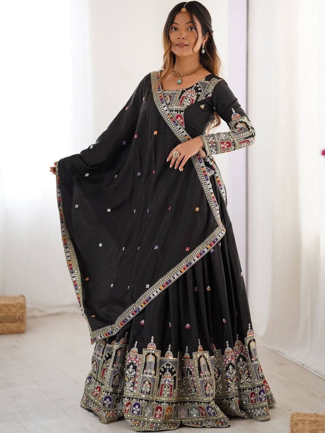 JIHU CULTURE Embellished Zari & Sequence Work Semi Stitched Lehenga & Blouse With Dupatta - view 1