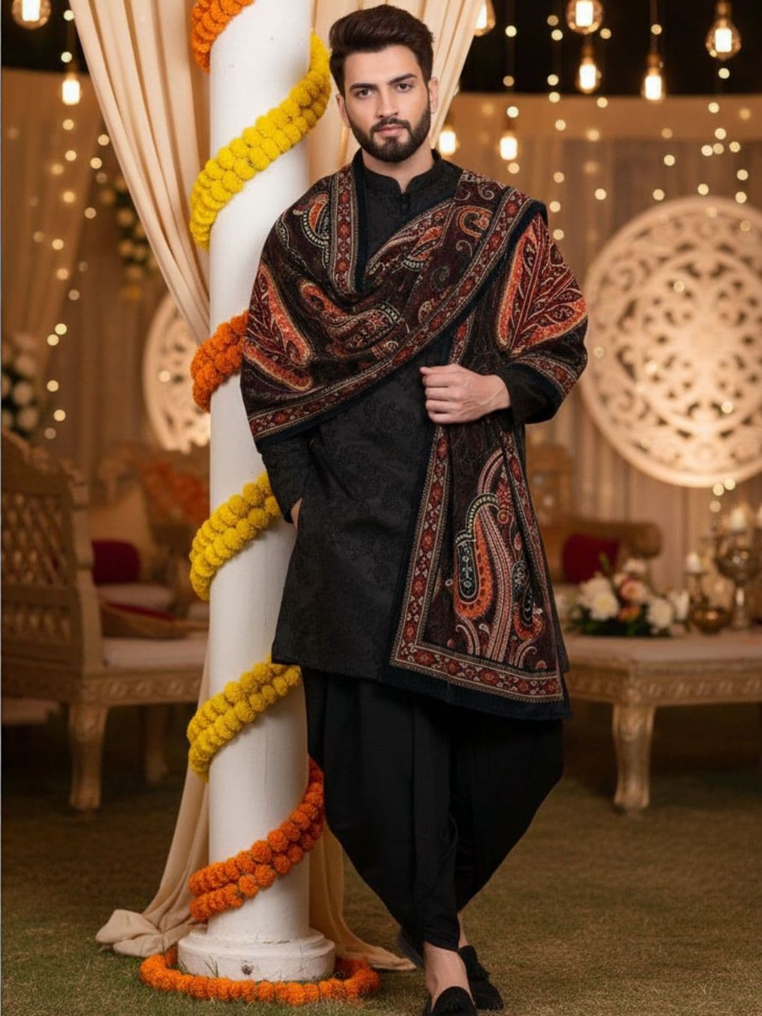 KISAH Men Floral Indowestern Sherwani Dhoti Set with Dupatta