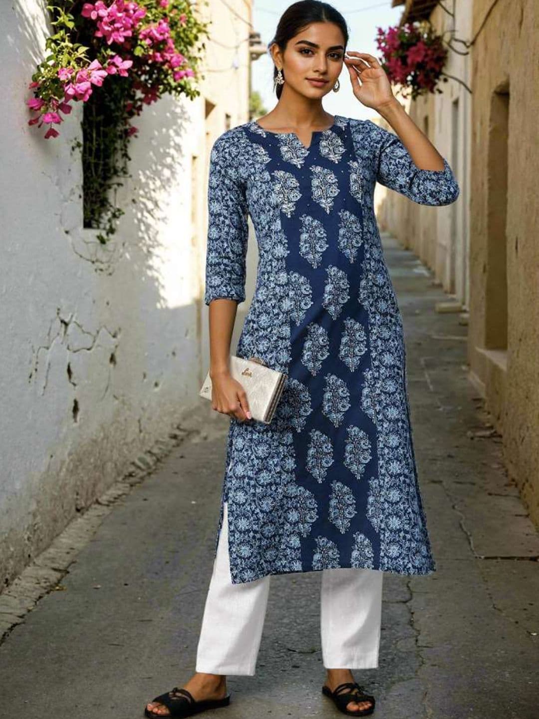 GULMEHAK Floral Printed Notch Neck Cotton Straight Kurta - view 1