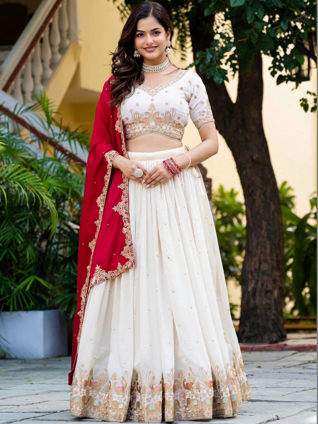 JIHU CULTURE Embroidered Thread Work Semi-Stitched Lehenga & Blouse With Dupatta - view 1