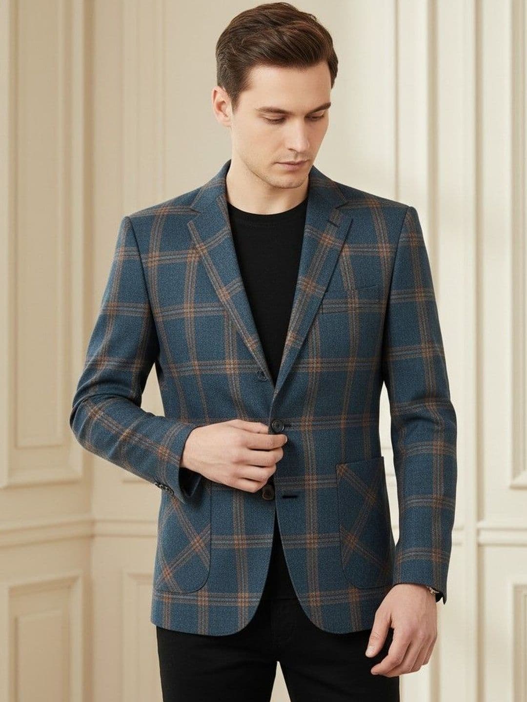 INVICTUS Checked Notched Lapel Long Sleeves Single Breasted Blazer