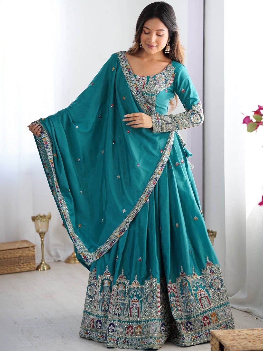 JIHU CULTURE Embroidered Sequinned Semi Stitched Lehenga & Blouse With Dupatta - view 1