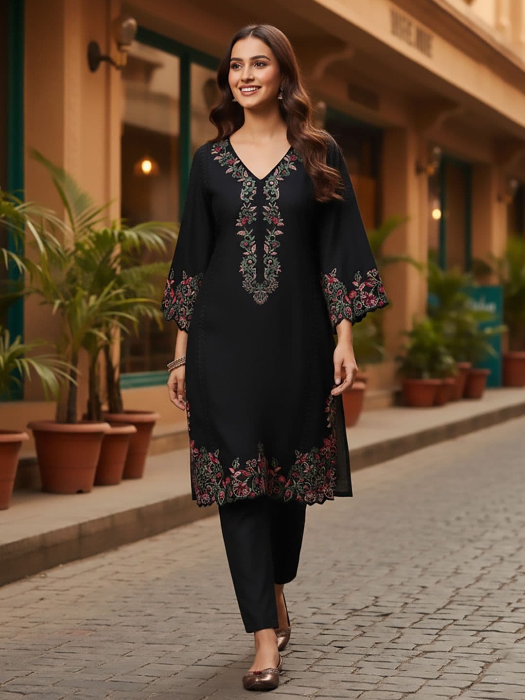 Varanga Women Embroidered V-Neck Pure Cotton Kurta Sets - view 1