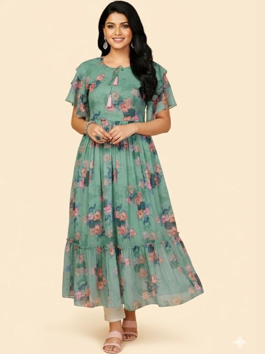SZN Women Floral Printed Keyhole Neck Flared Sleeves Georgette Anarkali Kurta - view 1