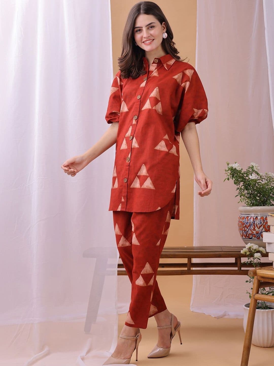 Saanjh Printed Shirt Collar Neck Top With Trousers Co-Ords - view 1