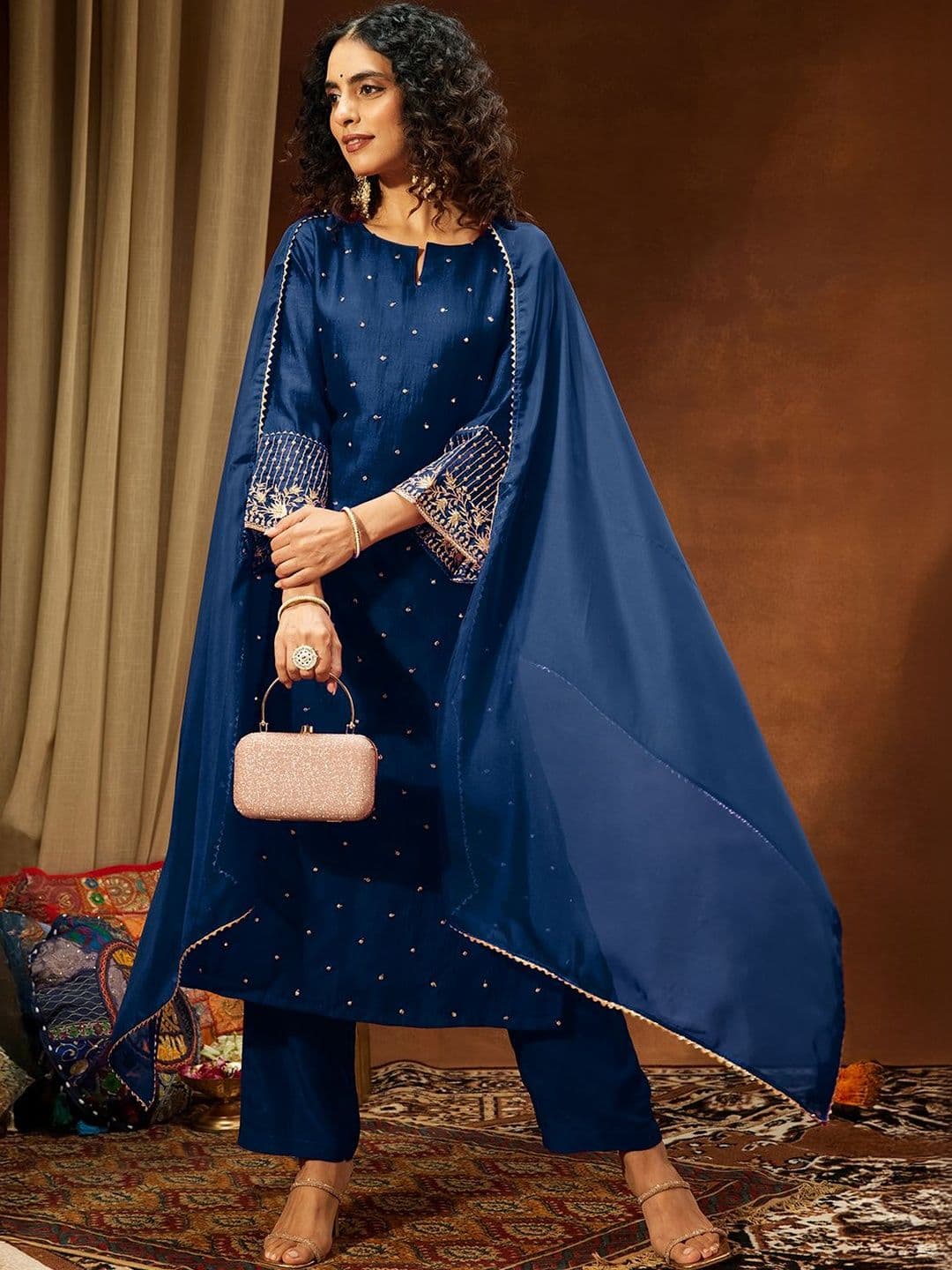 Janasya Sequinned Embroidered Straight Silk Kurta Trouser Set With Dupatta - view 1