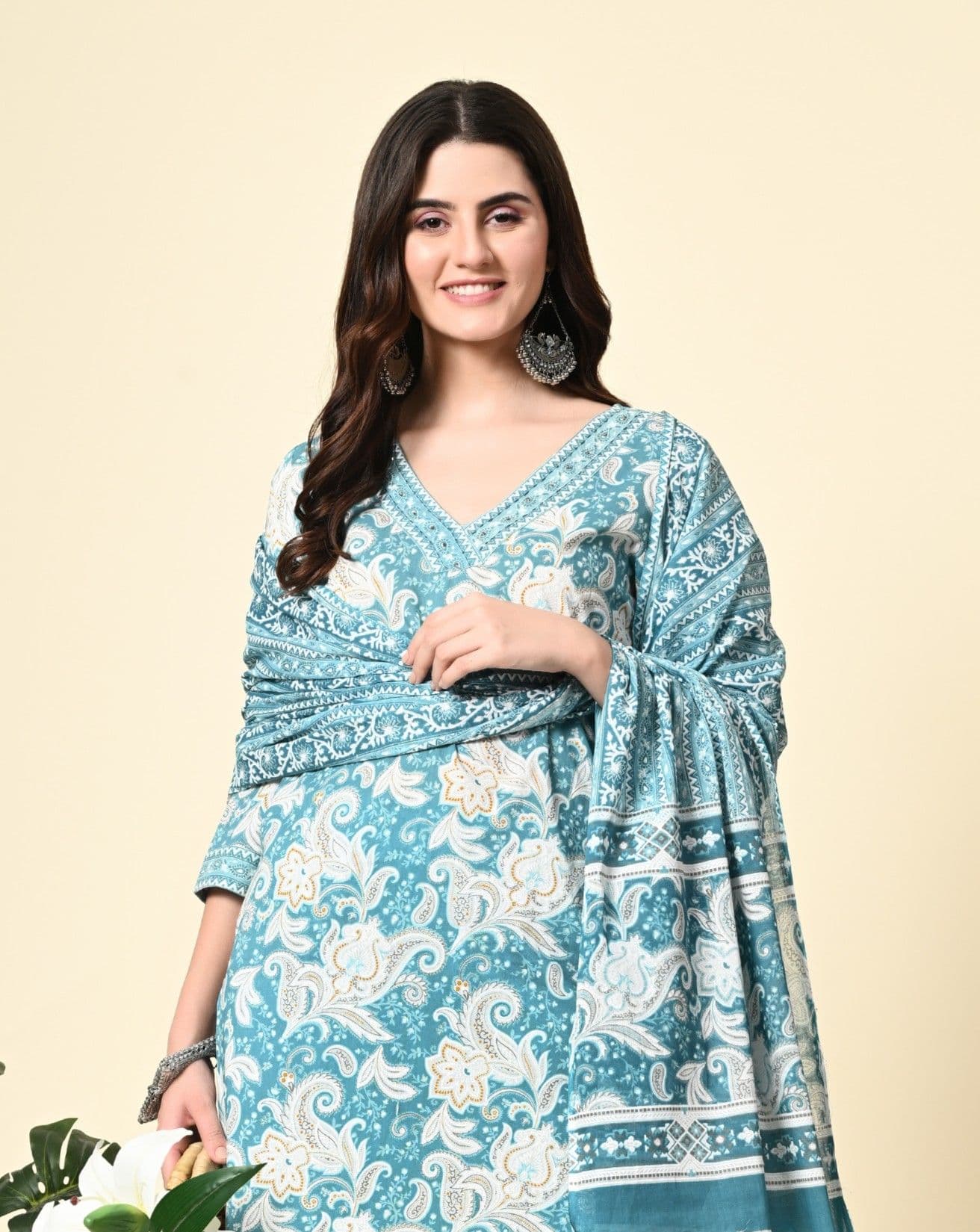AVYCO Floral Printed Regular Pure Cotton Kurta with Trousers & Dupatta - view 1